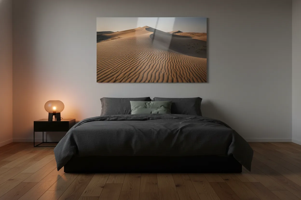 Polished metal print of desert dunes above a low platform bed
