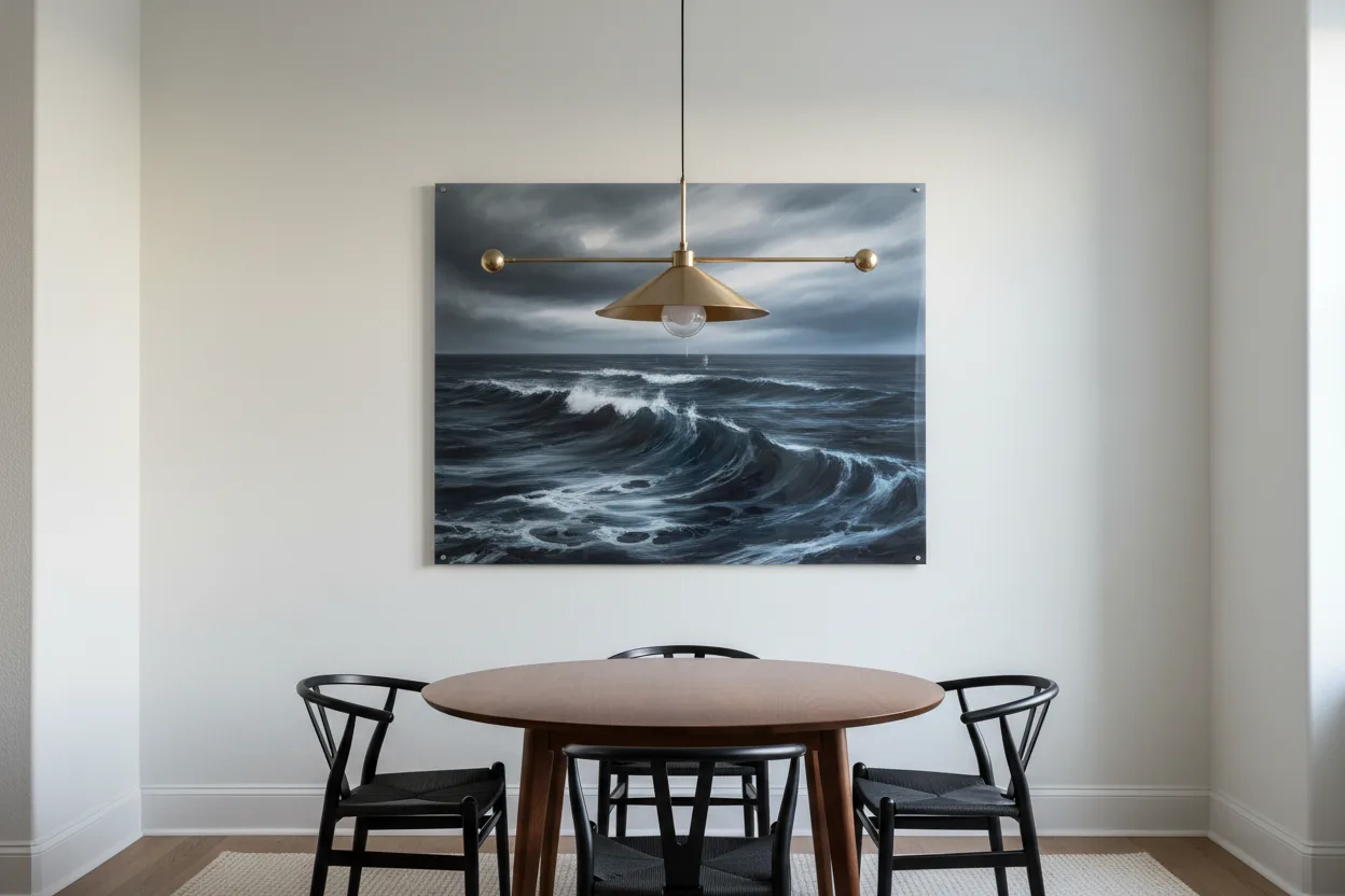 Acrylic facemount of an abstract ocean scene behind a walnut dining table