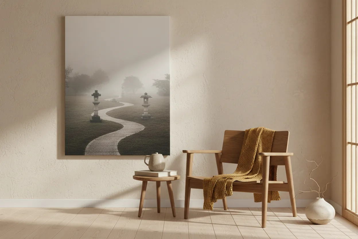 Tall vertical canvas of a misty Japanese garden path in a Japandi-style reading nook