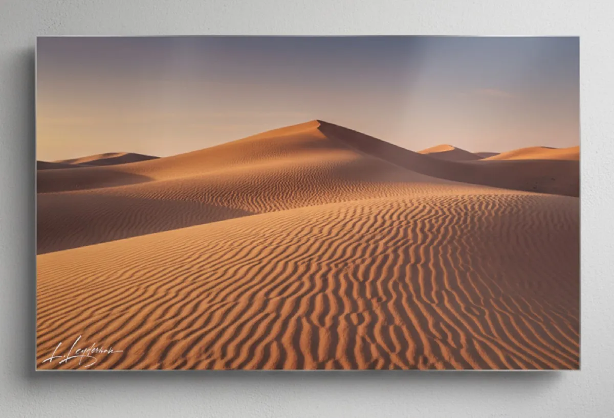 ChromaLuxe Metal — desert dunes at golden hour, mounted on a light wall